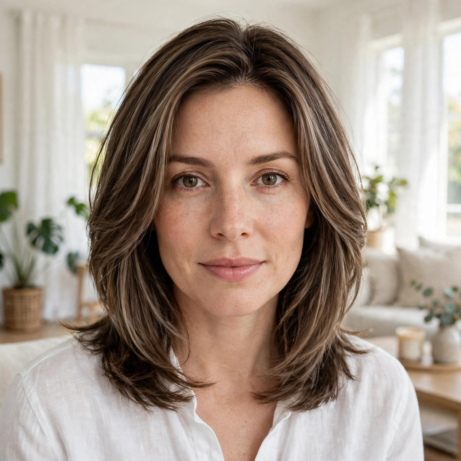 A woman with mushroom brown dimension hair in soft smooth layers, photographed in a bright airy living room, natural daylight, front-facing shot from the shoulders up, clean bright style.