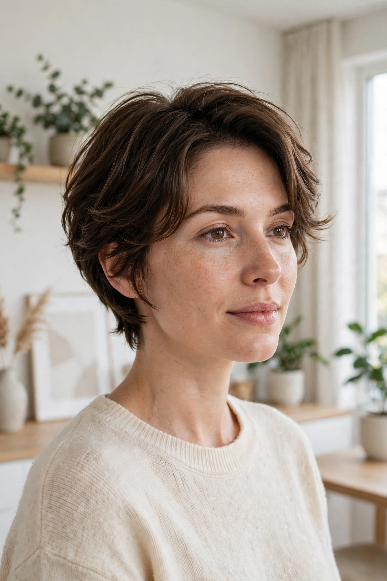 A woman with a soft bixie cut and feathered layered edges, standing in a bright modern room with soft natural light, three-quarter front angle, clean bright style.
