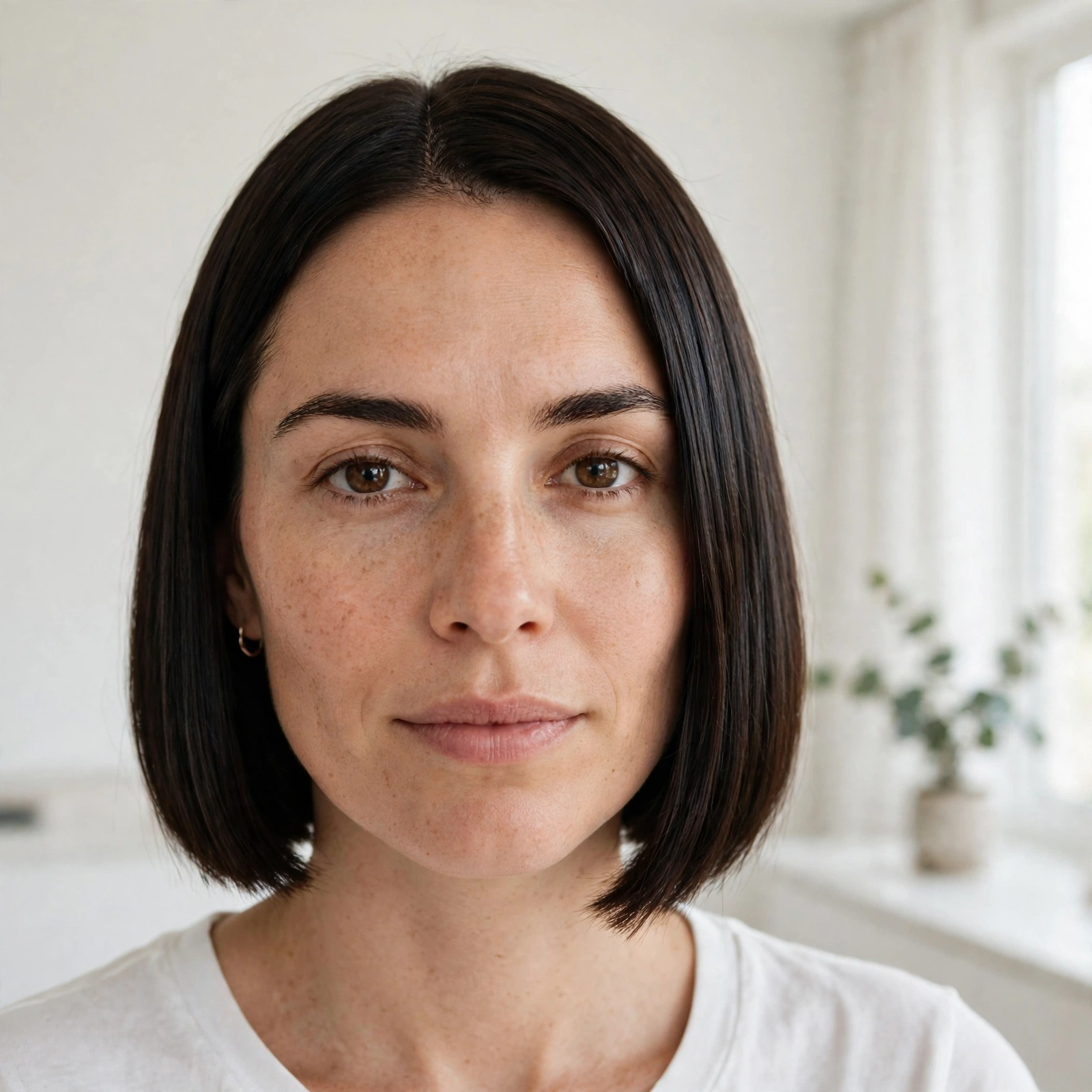 A woman with a blunt midi bob and a sharp straight-across finish, photographed in a bright minimalist room, soft daylight, front-facing shot from the shoulders up, clean bright style.