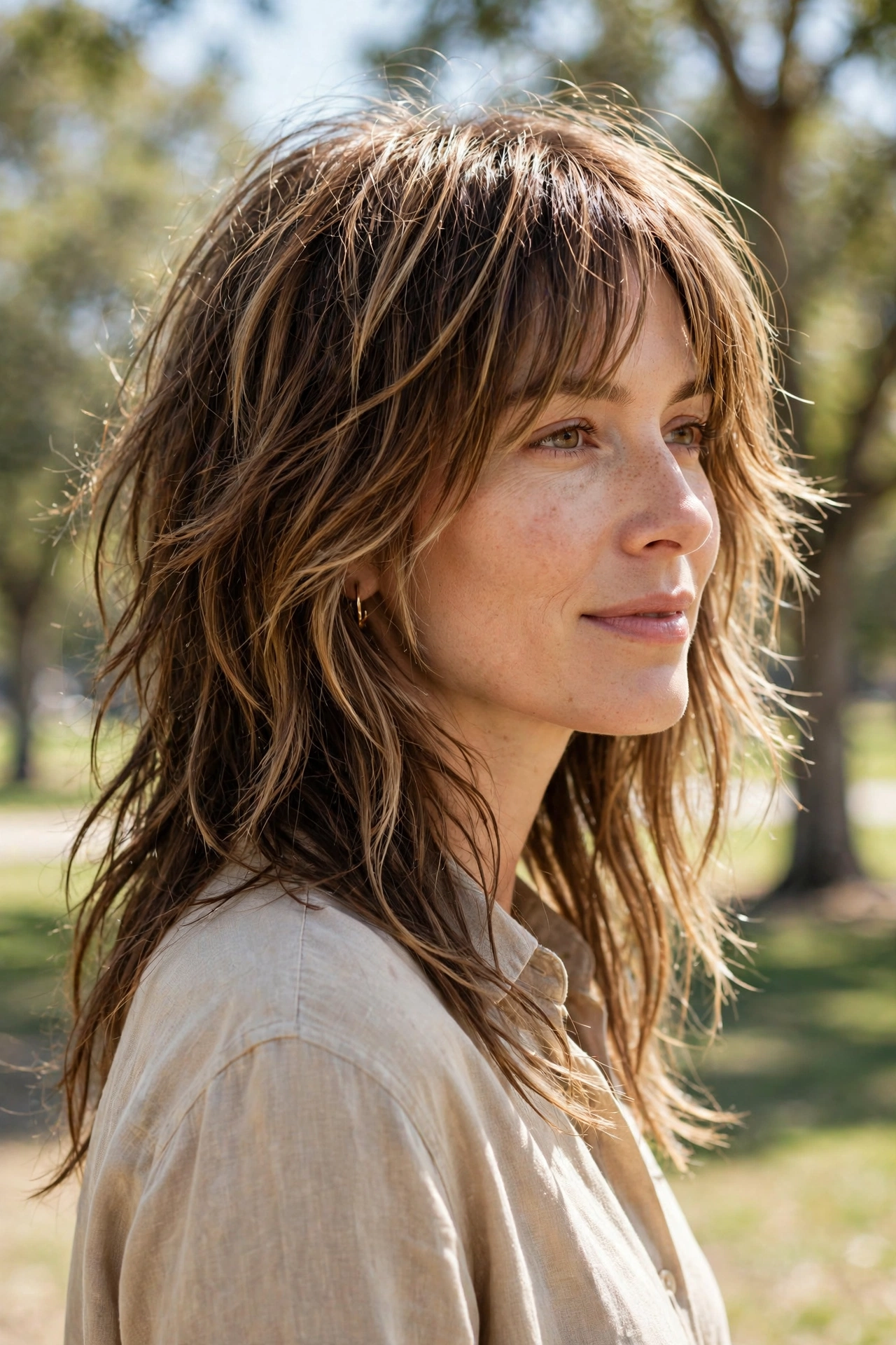 A woman with a long shag with face-framing layers and choppy textured ends, standing outdoors in bright daylight with trees in soft focus, three-quarter angle, clean bright style.