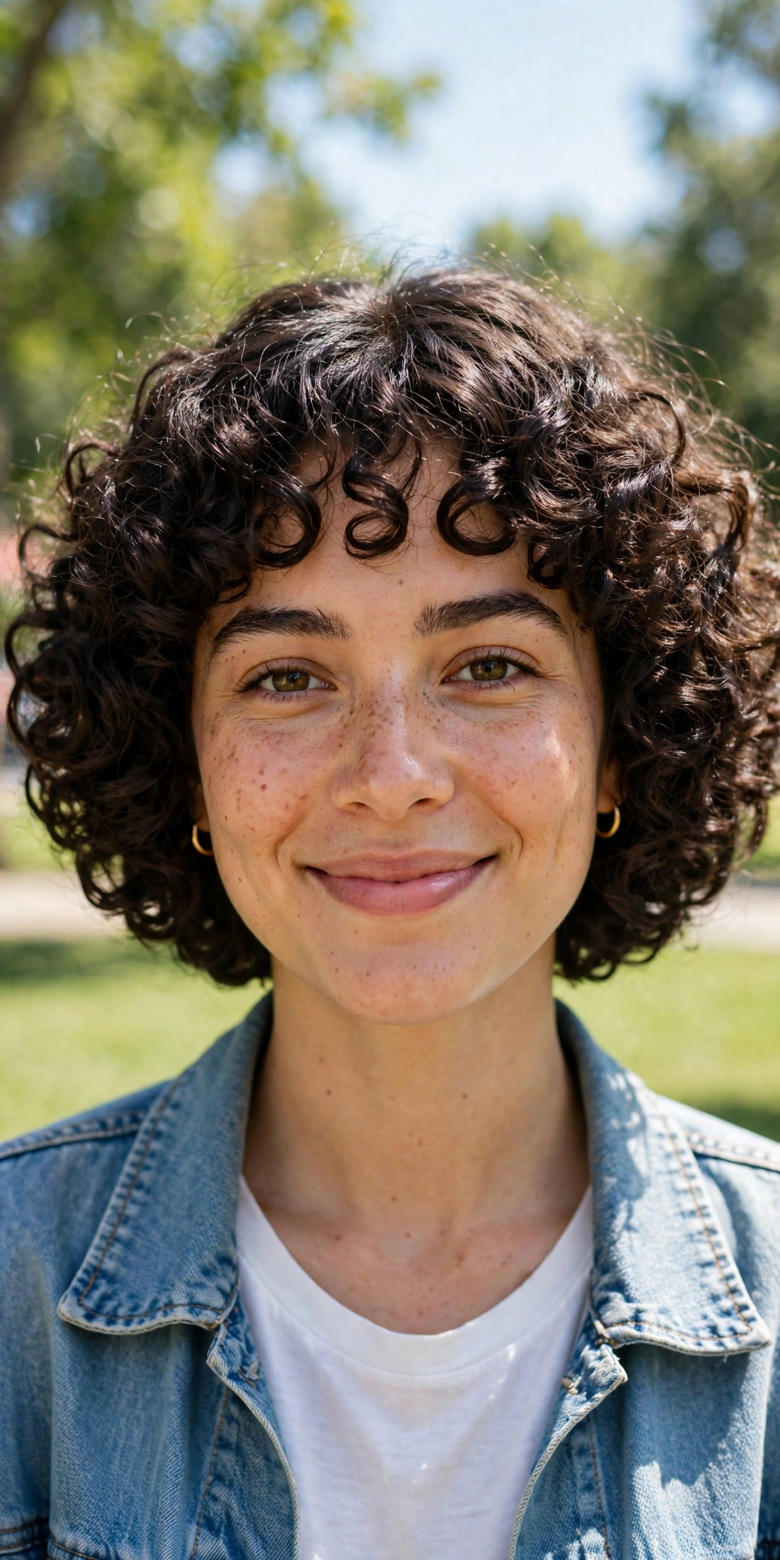 A woman with a rounded curly bob and full defined curls framing her face, photographed in a bright sunny park, cheerful daylight, front-facing shot, clean bright style.