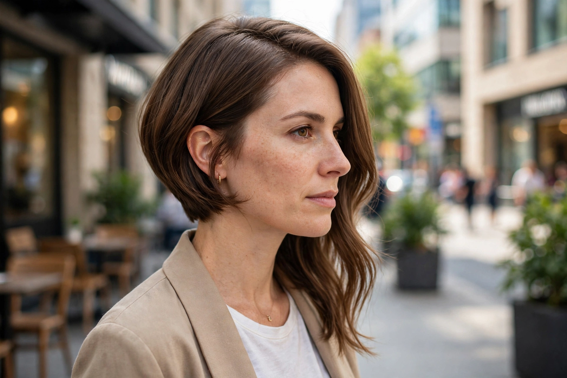 A woman with an asymmetrical lob, slightly longer on one side, wearing a smart casual outfit, photographed in a bright city setting, soft daylight, side-angle shot showing the angled shape, clean bright style.