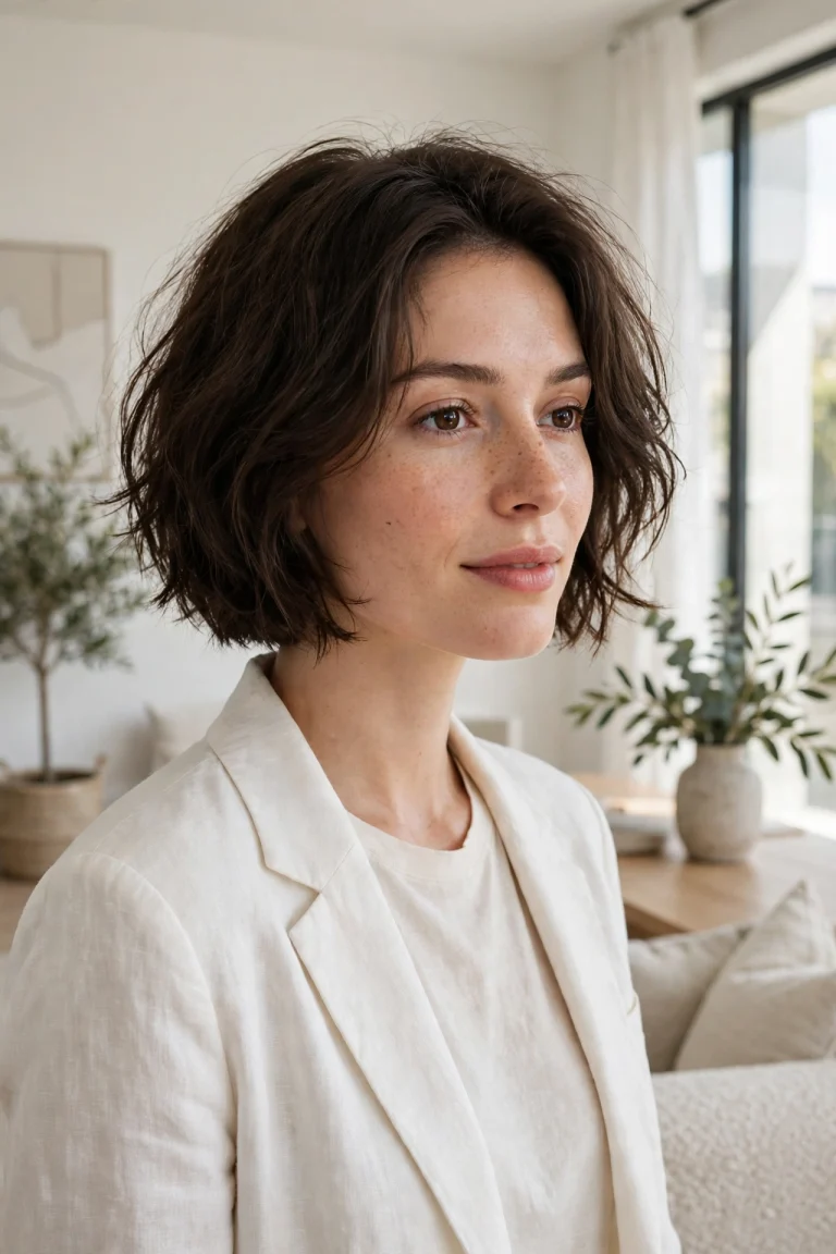 A woman with a micro bob with soft texture and a slightly tousled finish, standing in a bright modern room with soft natural light, three-quarter front angle at chest height, clean bright style.