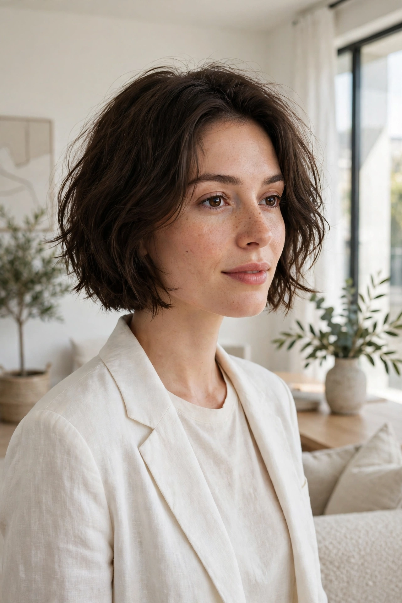 A woman with a micro bob with soft texture and a slightly tousled finish, standing in a bright modern room with soft natural light, three-quarter front angle at chest height, clean bright style.