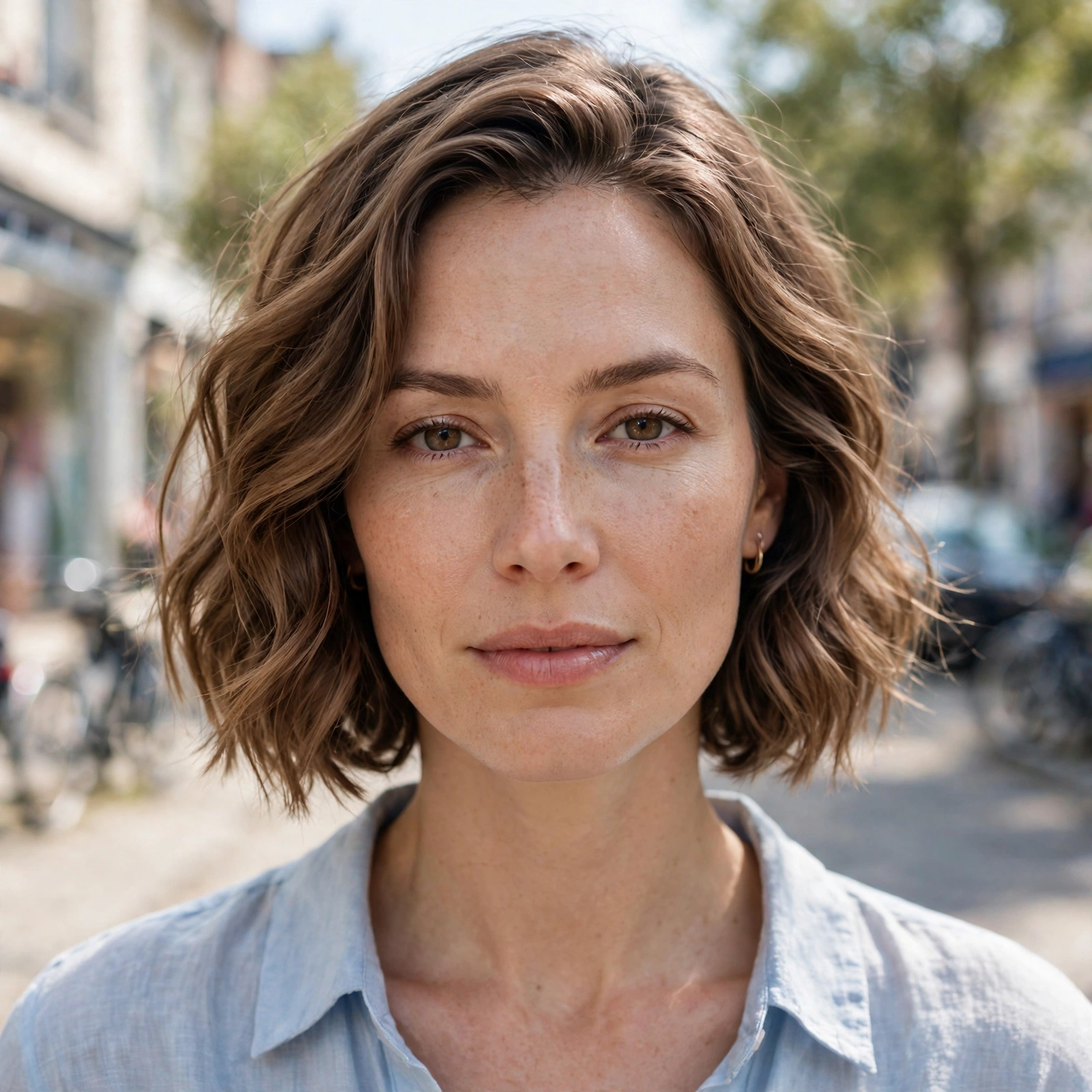 A woman with a jaw-length wavy bob in soft loose waves, photographed outdoors in bright daylight with a soft-focus street behind her, front-facing shot from the shoulders up, clean bright style.