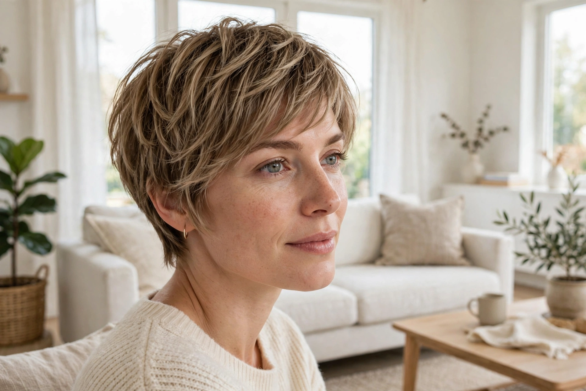 A woman with a short feathered pixie and soft feathered layers around her face, photographed in a bright airy living room, natural daylight, three-quarter angle, clean bright style.