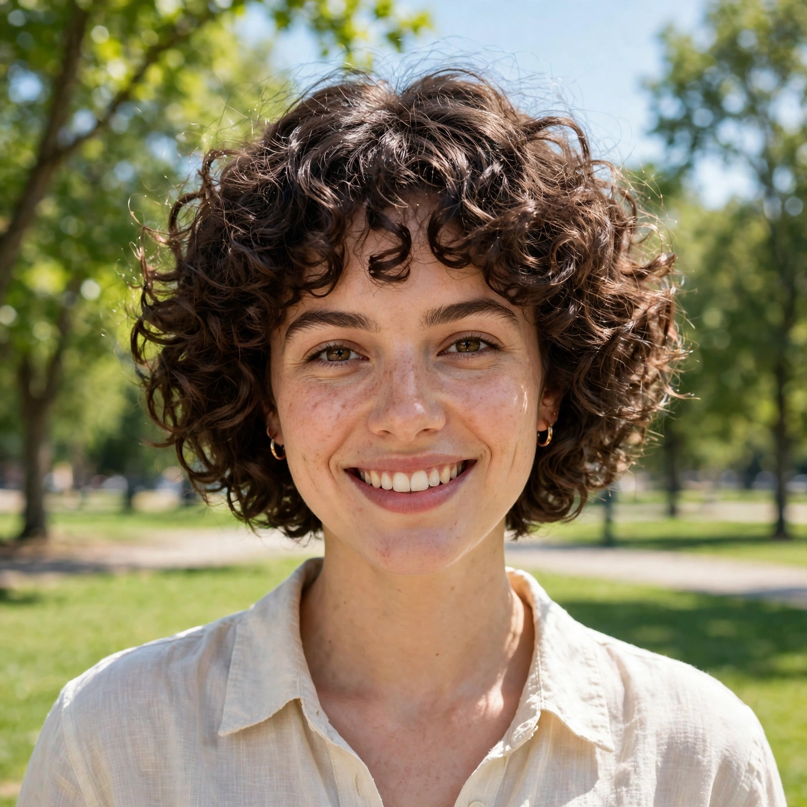 A woman with a short curly bob with volume and full bouncy curls, standing in a bright sunny park, cheerful daylight, front-facing shot, clean bright style.