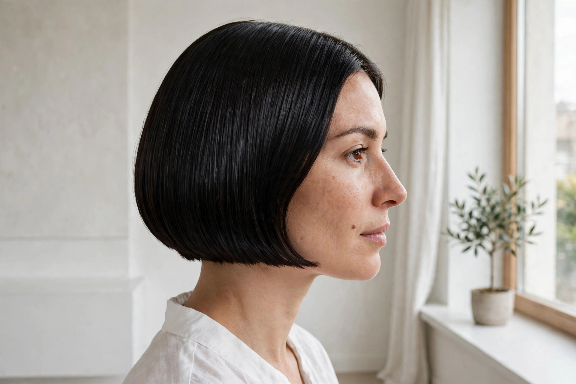 A woman with a short mirror-shine bob and a glossy smooth finish, photographed in a bright minimalist room near a window, soft daylight, side-angle shot showing the sleek shape, clean bright style.