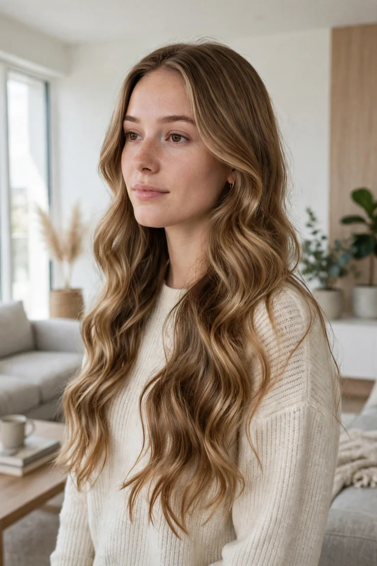A woman with long soft mermaid waves and flowing glossy lengths, standing in a bright modern room with soft natural light, three-quarter front angle at chest height, clean bright style.