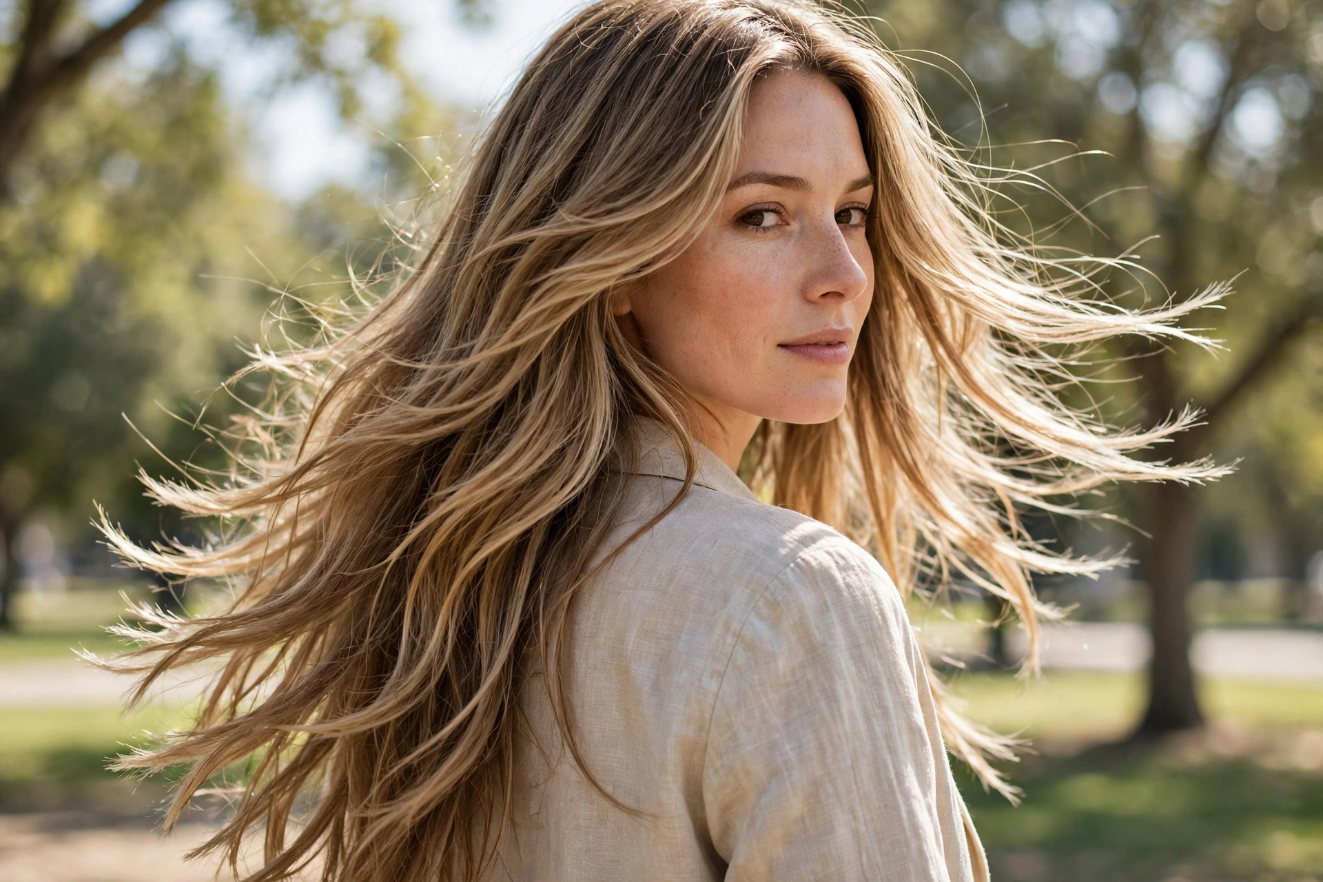 A woman with long feathered layers with movement and soft swinging ends, photographed outdoors in bright daylight with trees in soft focus, back three-quarter angle showing the layered lengths, clean bright style.