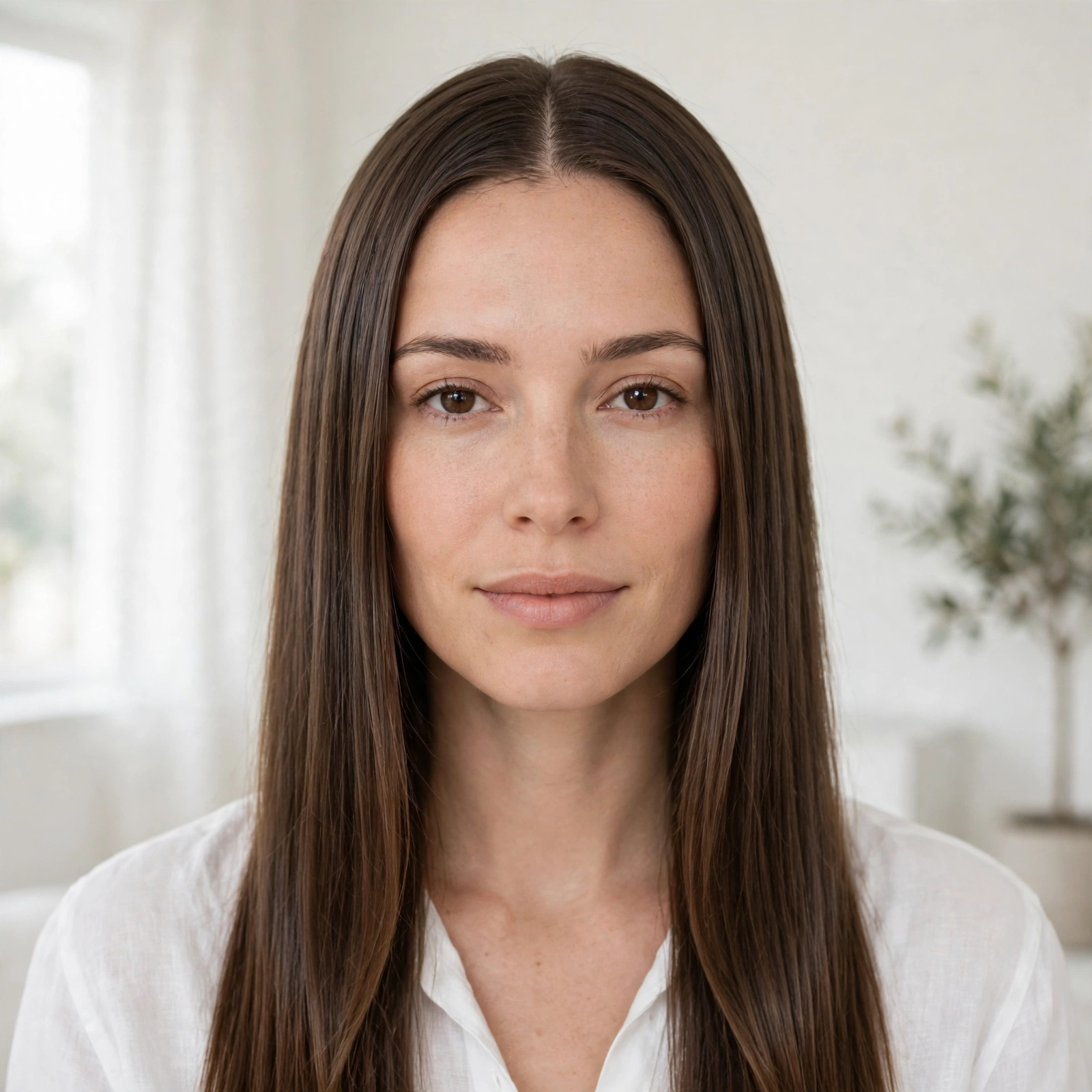 A woman with long sleek centre-part hair, smooth and straight with a clean middle part, photographed in a bright minimalist room, soft daylight, front-facing shot from the shoulders up, clean bright style.
