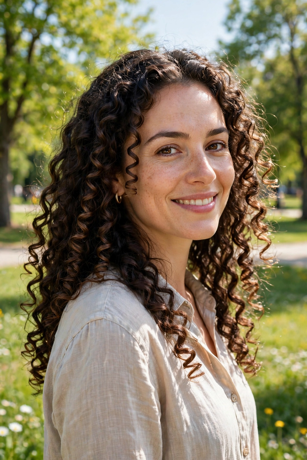 A woman with long curly layers with definition and springy defined curls, standing in a bright sunny park, cheerful daylight, three-quarter angle, clean bright style.